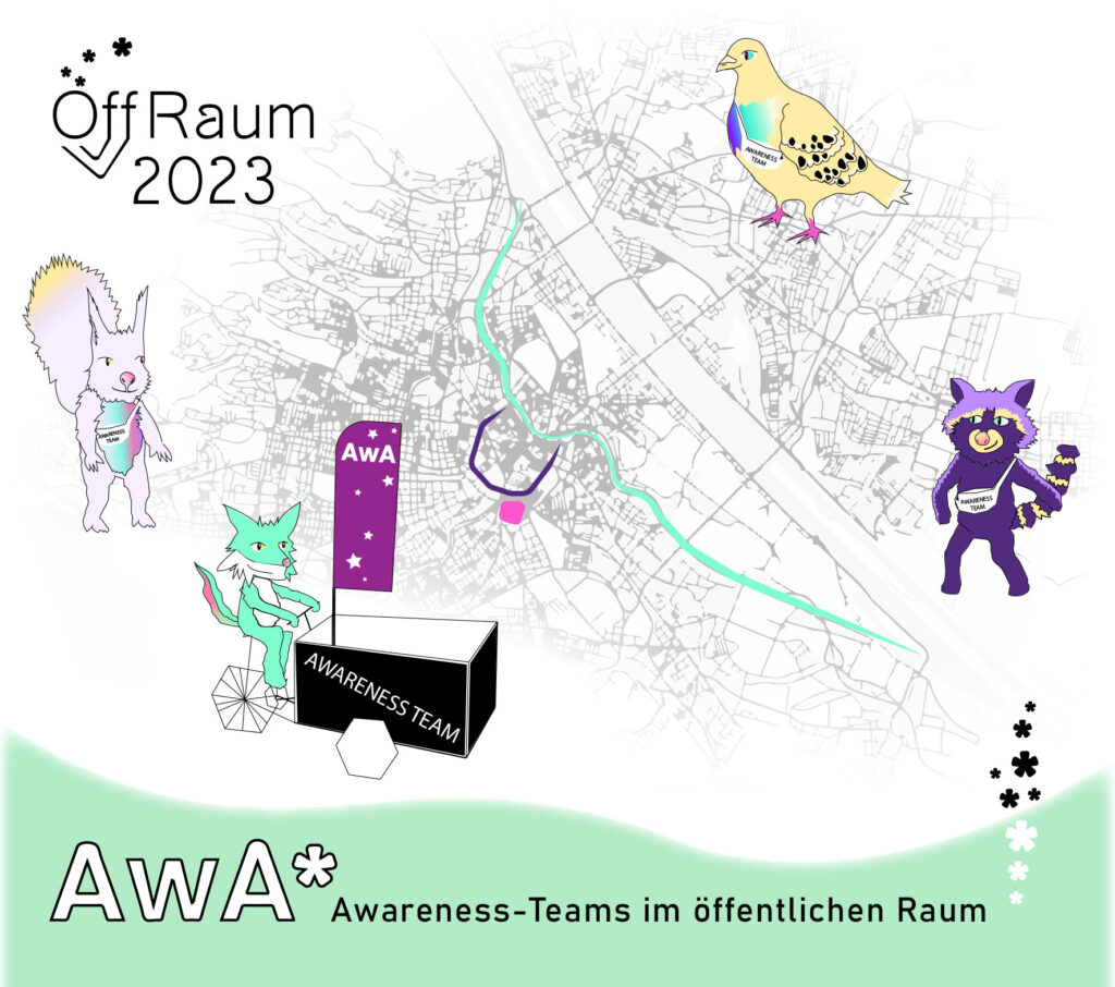 Stadtkarte von Wien, die von awa-Stern betreuten Straßen sind eingezeichnet. in den Ecken des Bildes handgezeichnete Tiere, die awareness-bänder tragen.