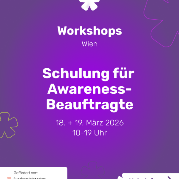 Instagram Posting Schulung für Awareness Beauftragte in Violett mit Datum und Uhrzeit in weiß.