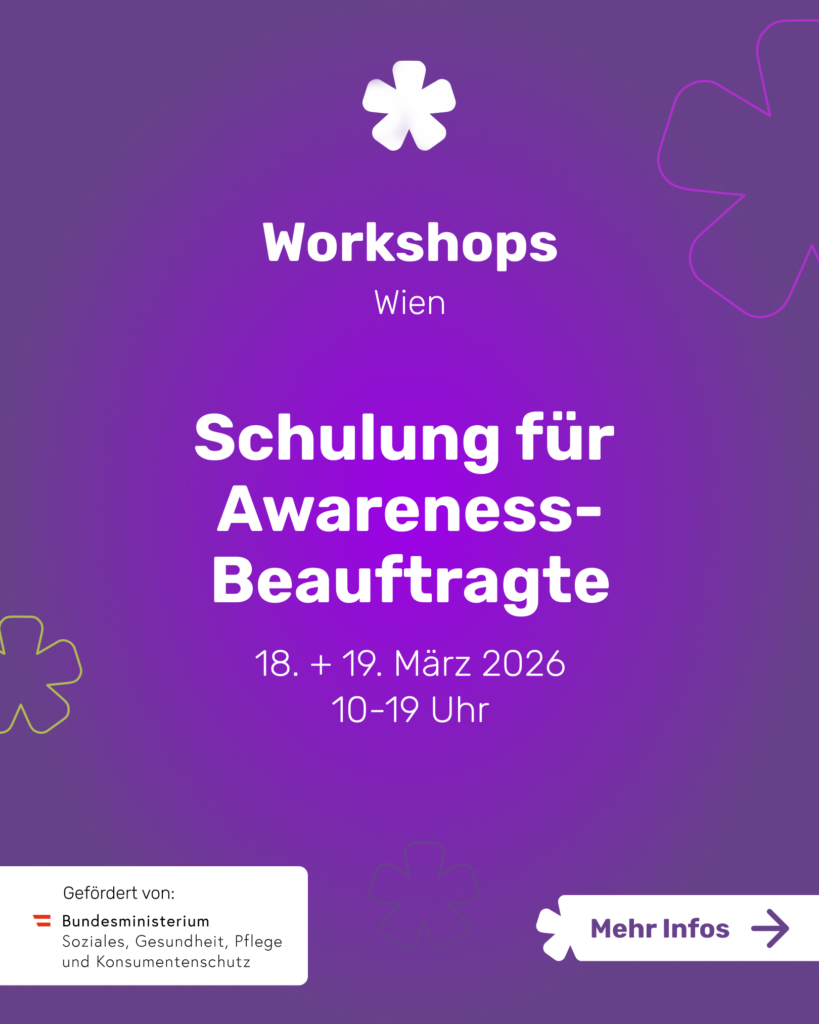 Instagram Posting Schulung für Awareness Beauftragte in Violett mit Datum und Uhrzeit in weiß.