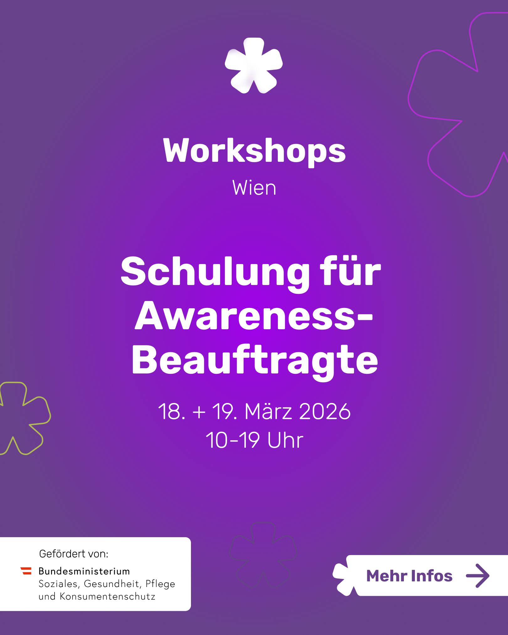Instagram Posting Schulung für Awareness Beauftragte in Violett mit Datum und Uhrzeit in weiß.